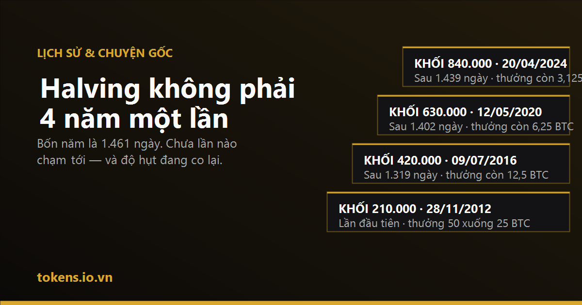Bìa: Halving không phải 4 năm một lần — sổ cái ghi 1.319 rồi 1.402 rồi 1.439 ngày